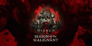 diablo 4 season of the malignant logo caged heart and skull over red background