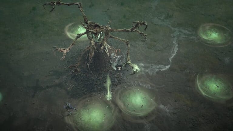 diablo 4 wandering death skeleton world boss in dark field attacks green magic