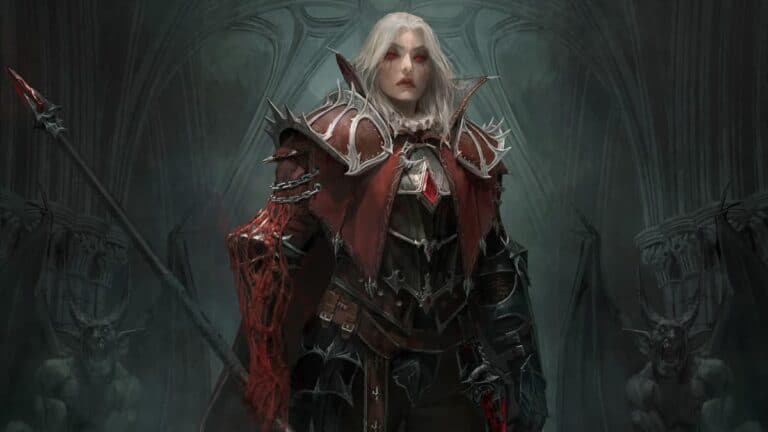 diablo blood knight art in red armor stands in front of gray door with weapon