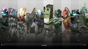exoprimal all exosuits lined up posing in front of gray background