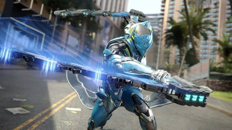 exoprimal blue exosuit player with melee weapon in city streets slashes sword