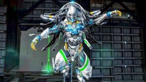 exoprimal blue white yellow exosuit ready for attack in front of warehouse