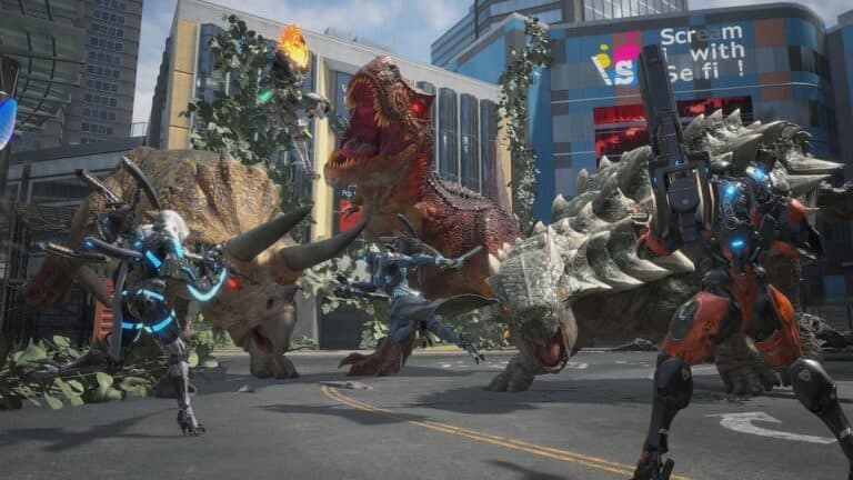 exoprimal dinosaur trex other dinos fight exosuit humans in city with guns in day