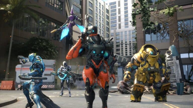 exoprimal five exosuit fighters in various colors stand in city with dead dinosaurs