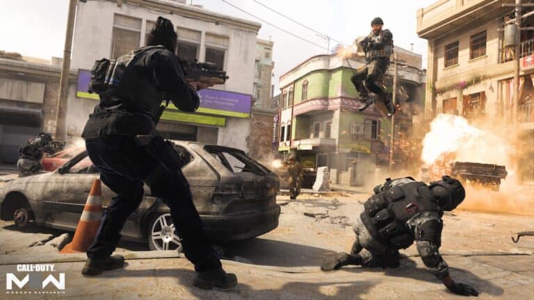 mw2 five operators battle in streets with explosion and dusty car at daytime