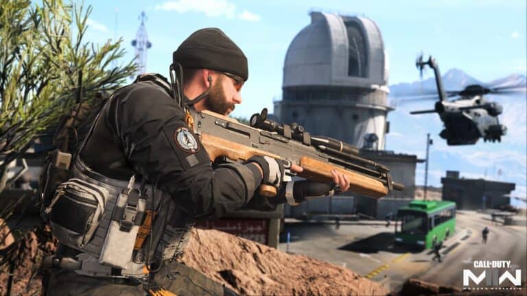 mw2 season 5 operator with beard readies gun above battle by observatory in daytime