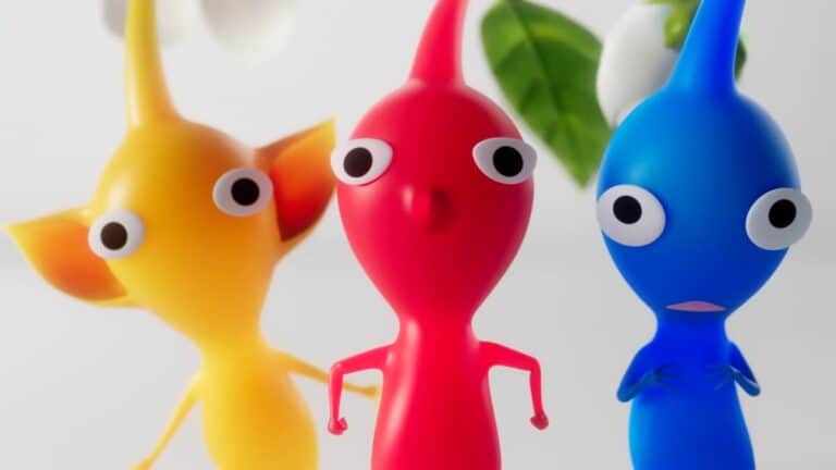 pikmin 4 red yellow and blue pikmin close up stare at you in front of white background