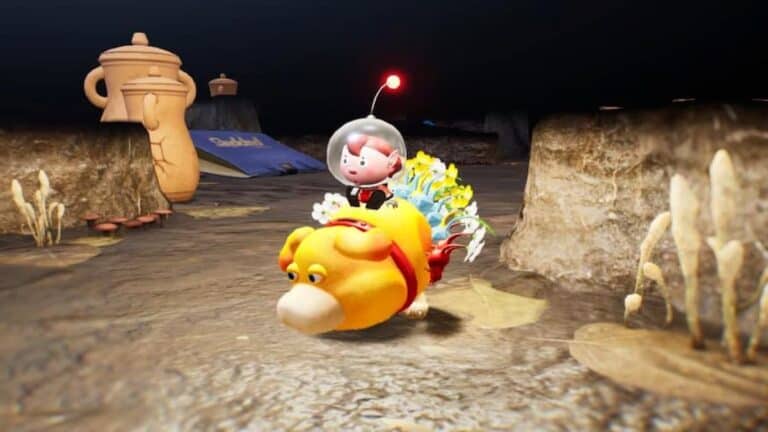 pikmin 4 tiny red astronaut rides dog oatchi in cave with little lights