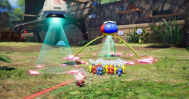 pikmin 4 tiny red astronaut with spaceshit points laser and runs from pikin in grass