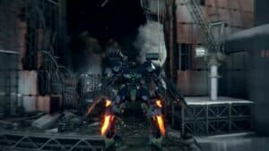 Armored Core 6 Mech FLying From Destroyed Building