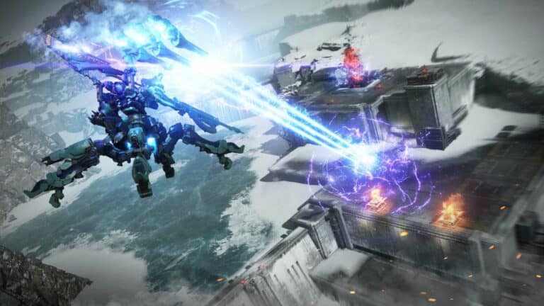 Armored Core 6 Mech Firing Lasers At Building