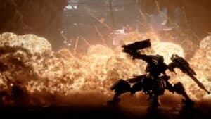 Armored Core 6 Mech Standing In Burning Building