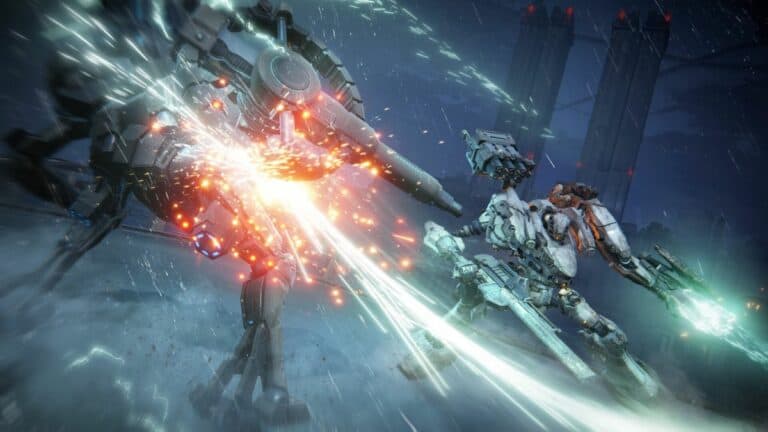 Armored Core 6 Mech fighting with melee weapons near towers