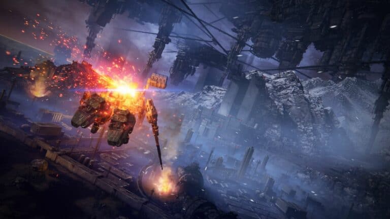 Armored Core VI Fires of Rubicon Mech Flying Toward City Structure