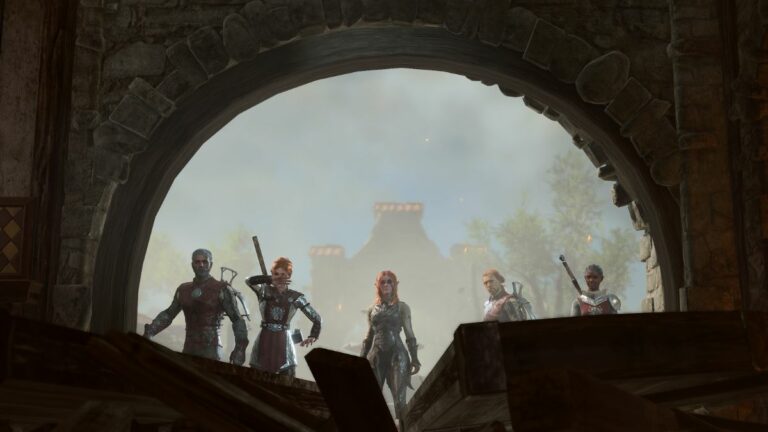 Baldurs Gate 3 Characters Standing In Archway of Burning Building