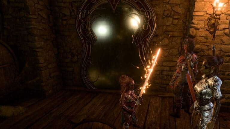 Baldurs Gate 3 Player and Allies Standing In Front Of Mirror