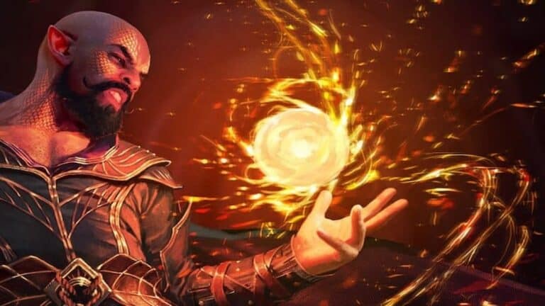 Baldurs Gate 3 Sorcerer holding a red flaming ball