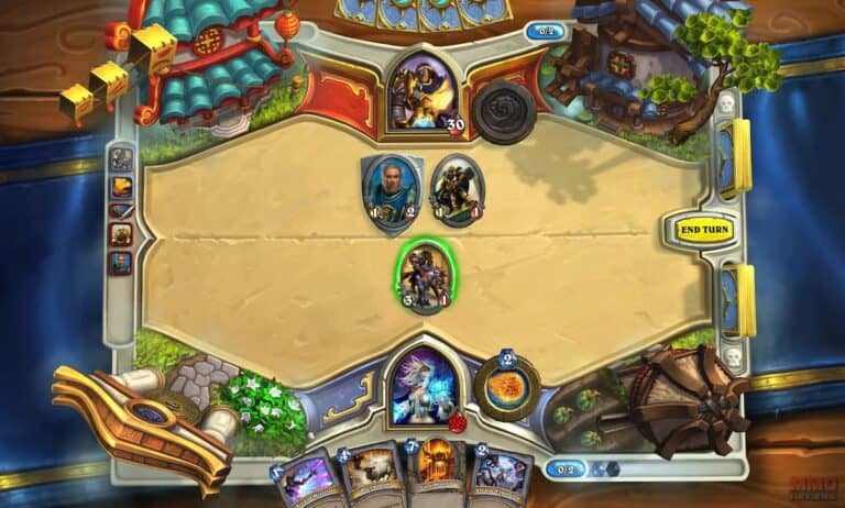 Hearthstone card board with three cards on board surrounded by blue and wood