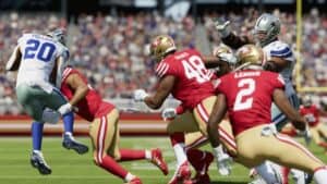 Madden 24 Player Getting Scoop Tackled By San Fran Player