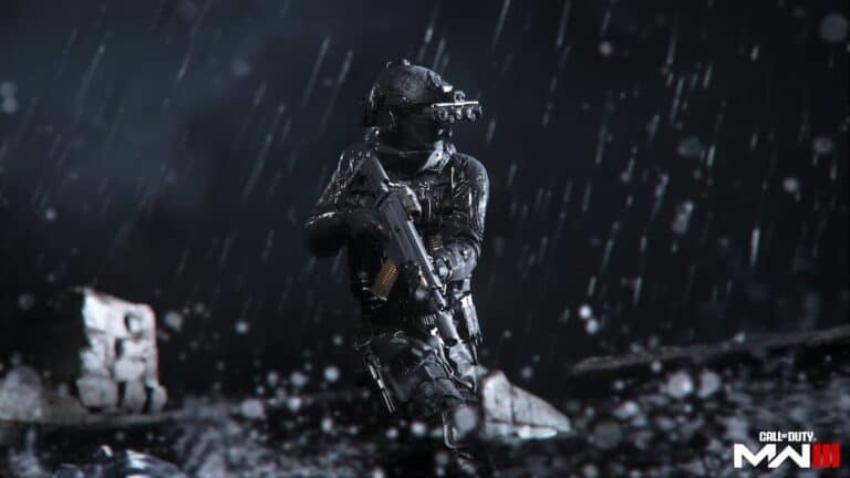A soldier is brandishing a gun during a downpour in the futuristic game Call of Duty 2023.