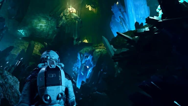 Starfield Astronaut Walking Through Cavern Full Of Crystals
