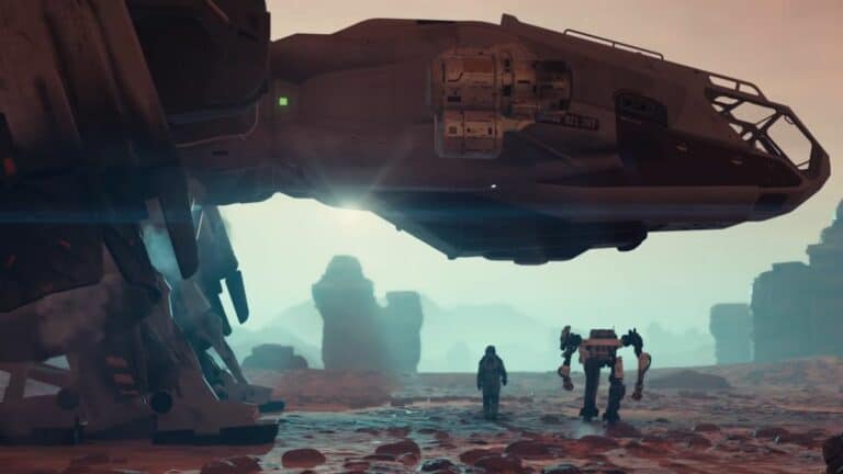 Starfield Player And Robot Walking Under Spaceship
