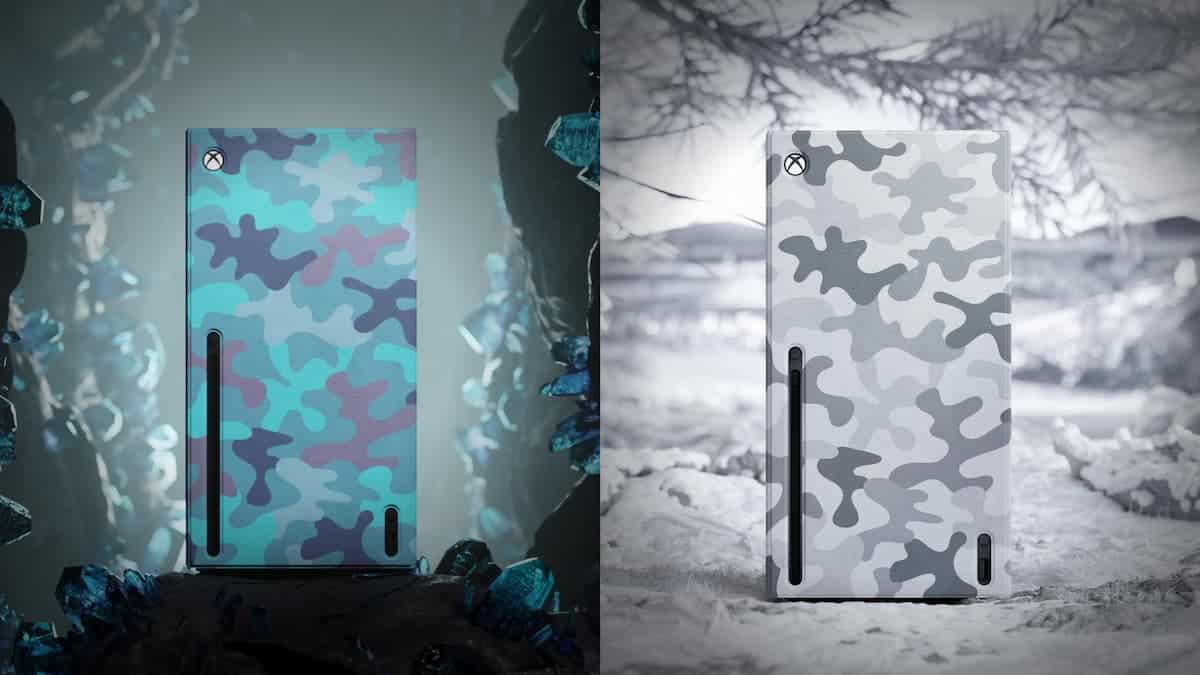 Two Xbox Series X consoles next to each other. One with a blue camouflage pattern, one with a white camouflaged pattern