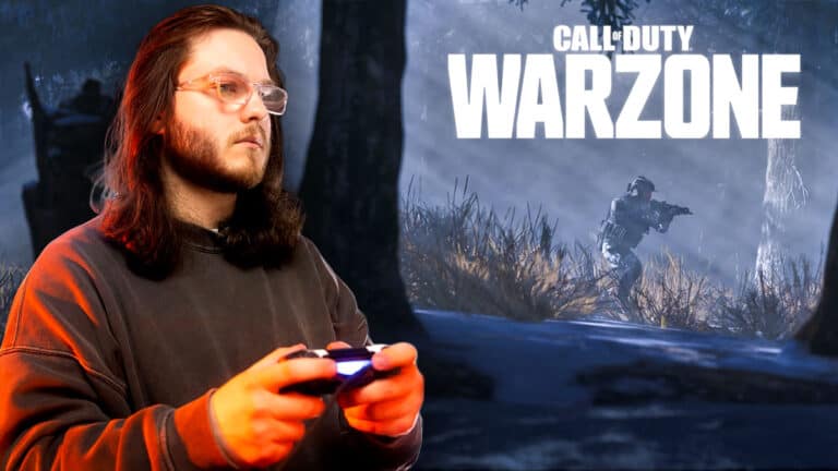 A man holding a controller playing Call of Duty Warzone.