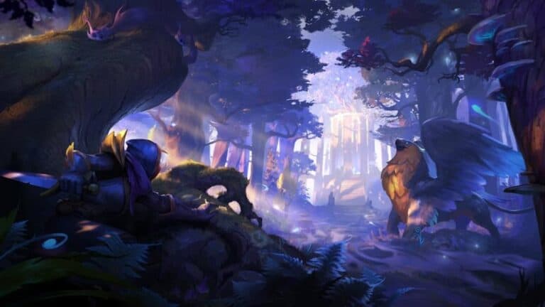 albion beyond the veil cloaked figure finds grifin in magical purple forest by waterfall