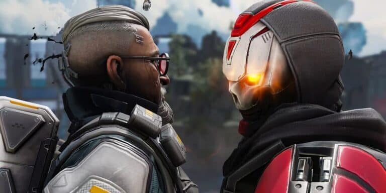 apex legends revenant holds man with white hair by neck close up by trees