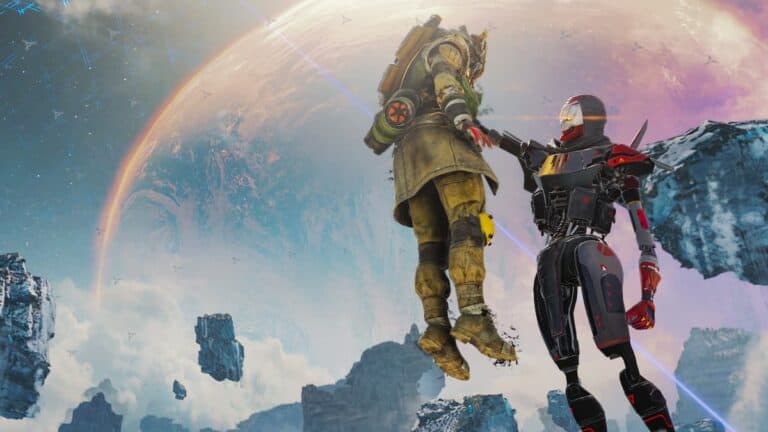 apex legends revenant holds up bloodhound by neck in front of planet and falling rocks