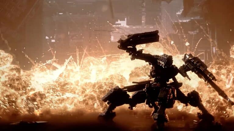 armored core 6 four legged mech shields itself from large explosion in foreground in industrial yard