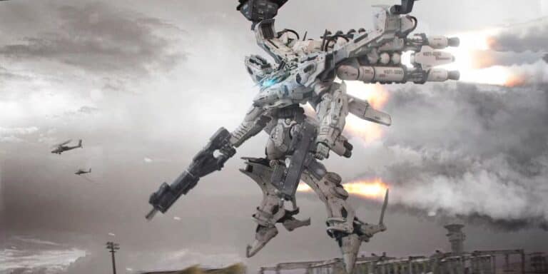 armored core 6 large white mech rockets over cloudy gray sky with fighter jets