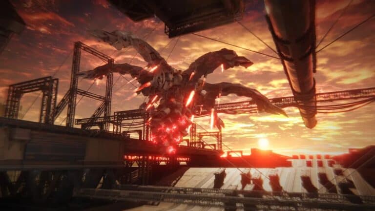 armored core 6 metal sea spider boss flies in at sunset to large ship with red rockets