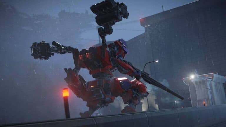 armored core 6 red mech with large guns crouches on platform in nighttime rain