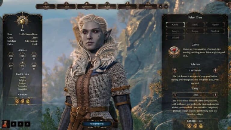 baldurs gate 3 character creation screen with grey elf woman in chainmail mountain