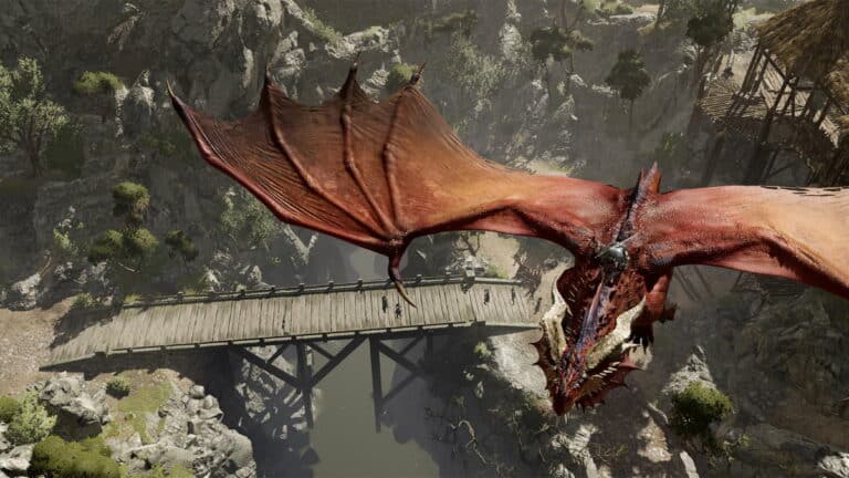 baldurs gate 3 dragon flying over bridge people walking