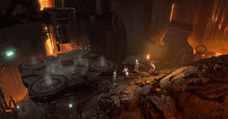 baldurs gate 3 party heads towards large glyph in lava filled stone dungeon