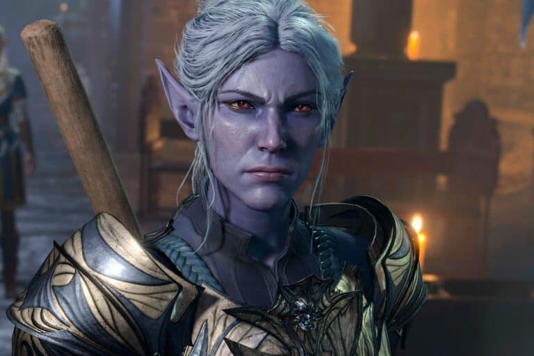baldurs gate 3 purple elf woman looks angry in armor in temple with candles