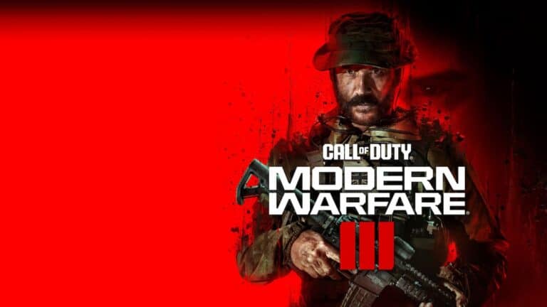 call of duty modern warfare III logo with operator in hat standing on red background