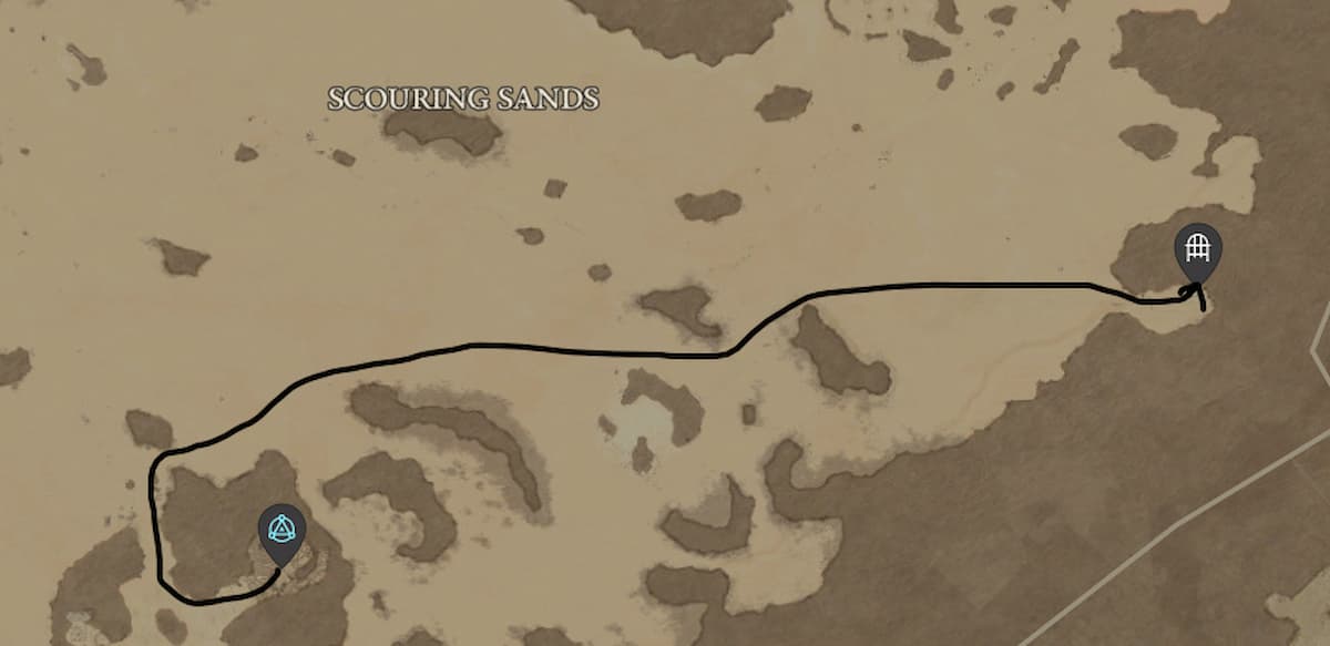 diablo 4 map waypoint to halls of the damned dungeon with black arrow scouring sands