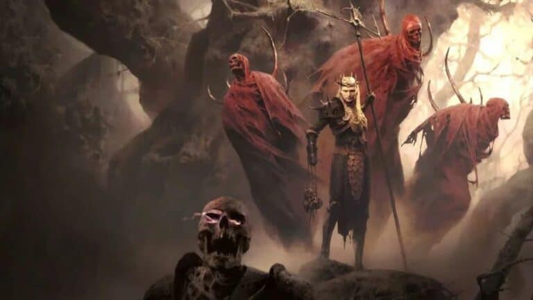diablo 4 necromancer stands on mountain top with staff and demons surrounding