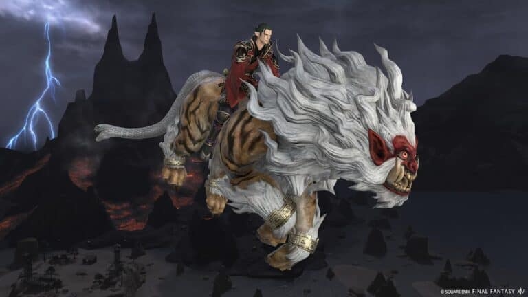 A man riding a new mount with lightning in the background.