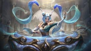 league of legends new skin blue haired pretty woman with ribbons doing magic in chamber