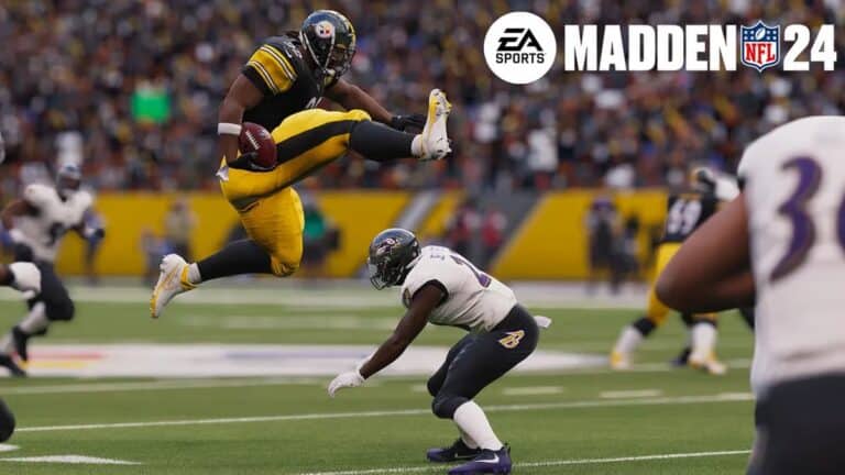 madden 24 football player leaps over other team on football stadium holding ball
