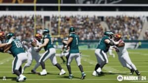 madden 24 green team of football players run and tackle in stadium at daytime