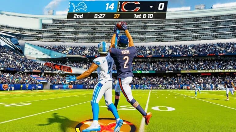 madden 24 two football players try to catch ball in sunny stadium lions bears