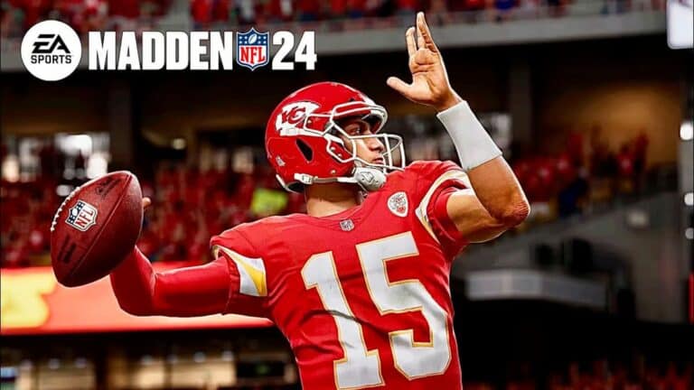 madden nfl 24 player in red uniform readies football to throw kansas city chiefs