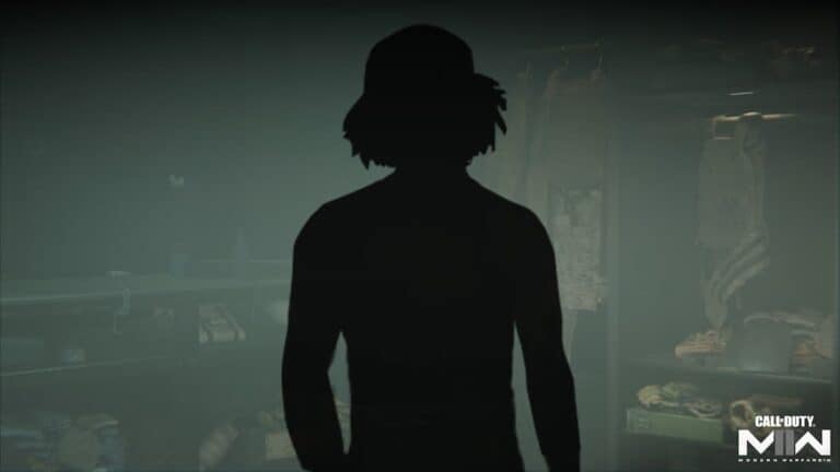 mw2 21 savage outline in black standing in gear room with logo in bottom corner