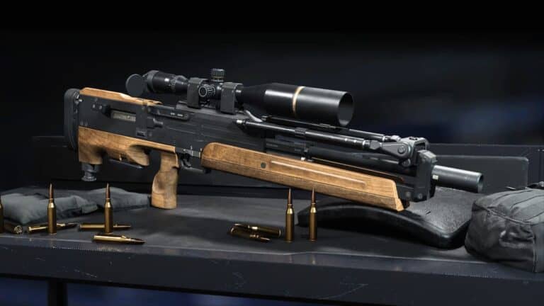 mw2 carrack 300 sniper rifle with scope displayed with bullets on black box blurry background